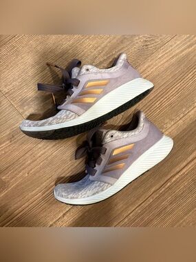 adidas Lavender Bounce Athletic Shoes with Metallic Gold Stripes